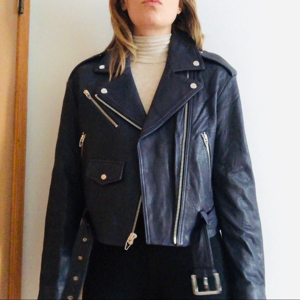 Andrew Marc Navy Leather Moto Jacket